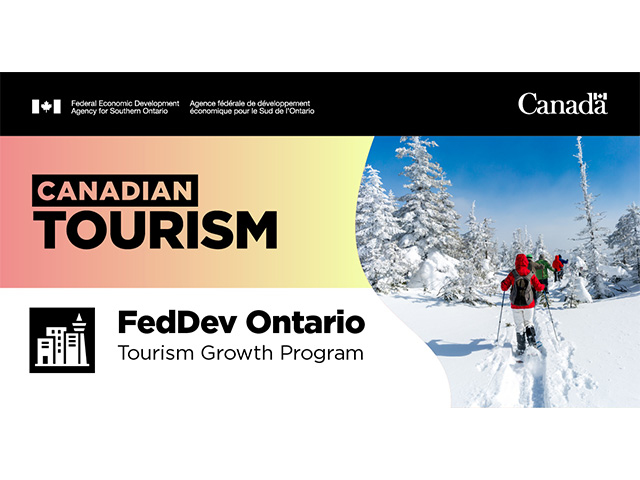 Graphic promoting FedDev Ontario’s tourism growth program, with image of cross country skiers.
